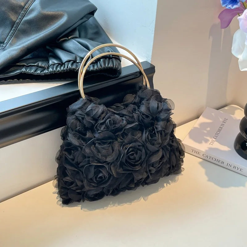 Women Floral Clutch Purses Solid Color Party Prom Purses Luxury Rose Flower Tote Bags for Ladies Satin Clutch for Women's Gifts
