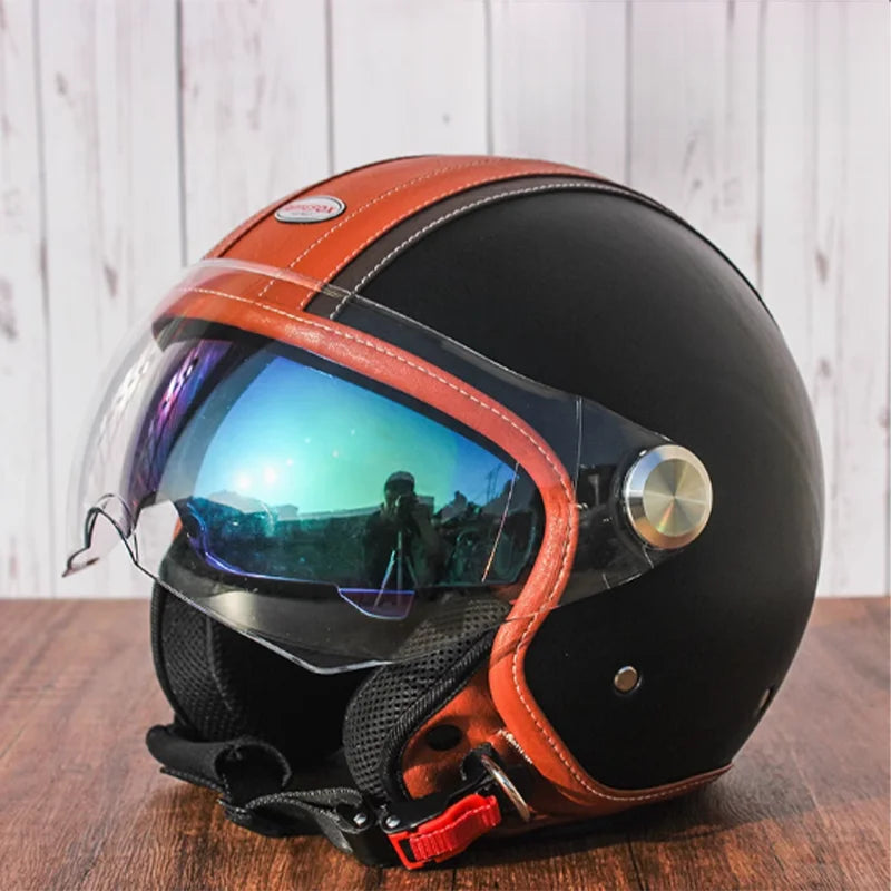 Brown Leather Original DOT ECE 3/4 Open Face Helmet MT Capacete Motorcycle Helmet JET Scooter Bike Half Helmets Cascos Para Moto