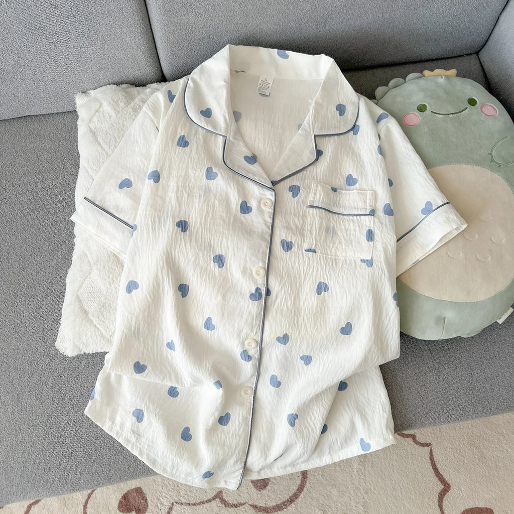 Women's Summer Thin Pajamas with Heart-Shaped Pattern, Short-Sleeved Shorts, Sweet and Cute, Can Be Worn Outside in Summer, Two-Piece Home Wear Set