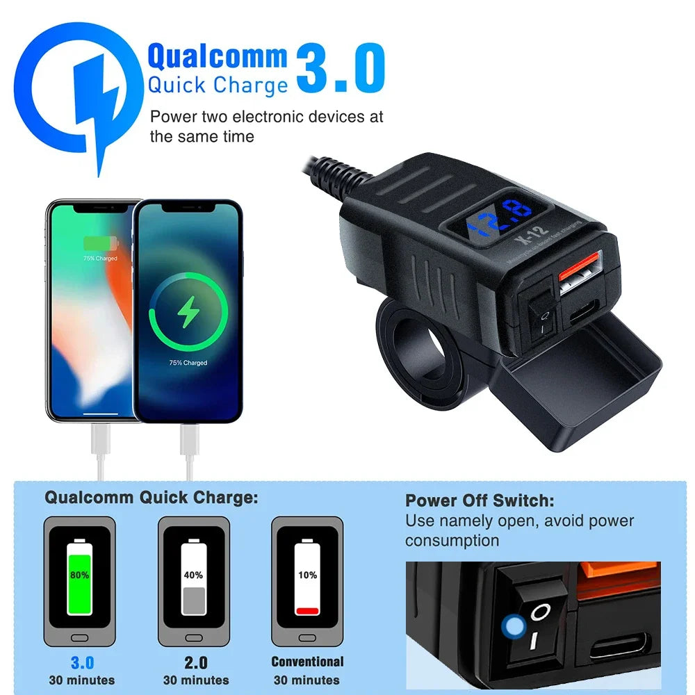 Motorcycle Vehicle-Mounted Charger Waterproof Adapter 12V-24V Phone USB PD Ports Quick Charge 3.0 With Switch Digital Voltmeter