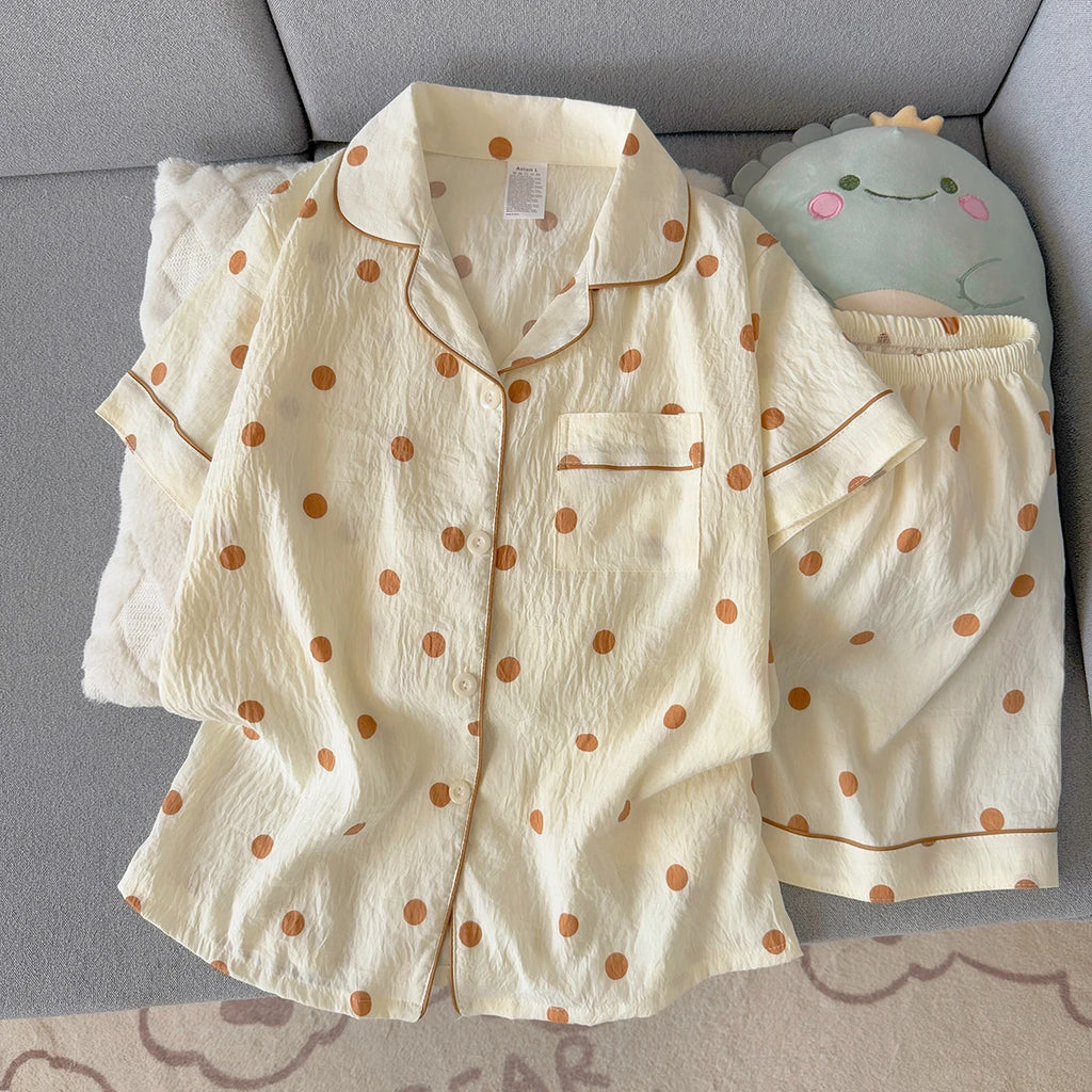 Women's Summer Pajamas, Thin Polka Dot Pattern Short-Sleeved Shorts, Sweet and Cute, Can Be Worn Outside in Summer, Two-Piece Home Wear Set