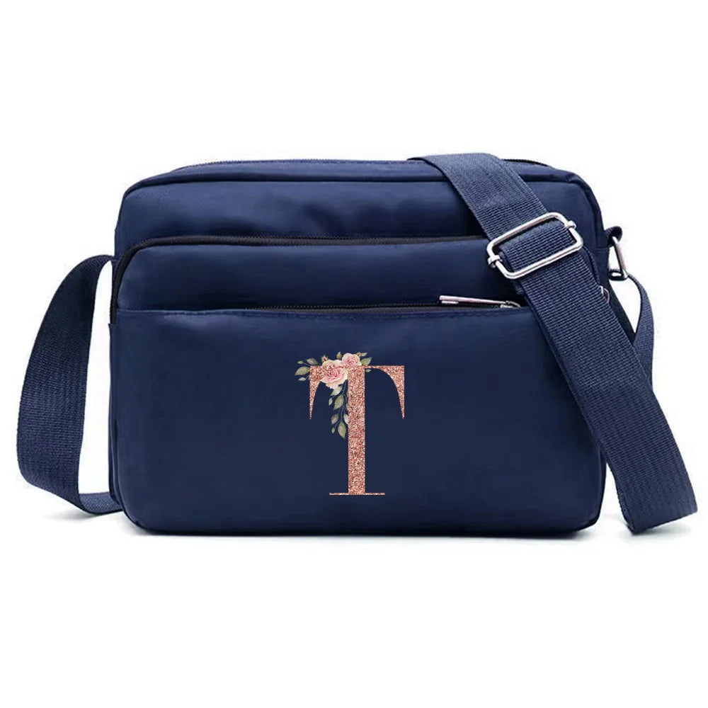 Large Capacity Travel and Commuting Storage Blue Bag Rose Gold Series Print Pattern Multi-layer One Shoulder Crossbody Bag