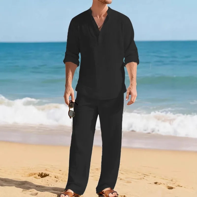Men's Linen Solid Color Two Piece Set Casual Fashion Turn Down Collar Long Sleeve Shirt Loose Pants Outfit