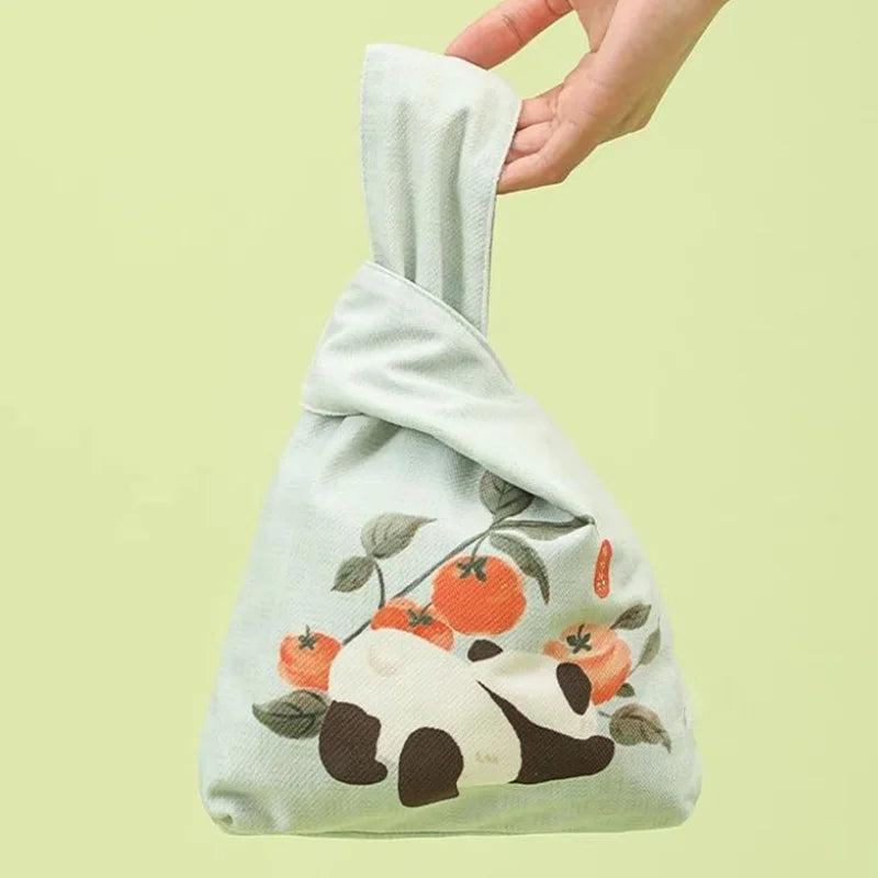 Cute Panda Persimmon Knot Wrist Bag, Canvas Tote Bag, Mini Handbag for Daily Use, Eco-Friendly Reusable