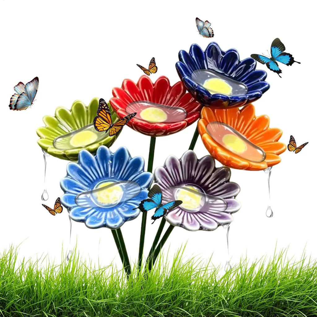 6pcs 4.5x20cm Ceramic Bee Water Station, Flower Garden Bird Bath, Bee & Butterfly Drinking Fountain for Yard Patio Lawn Decor