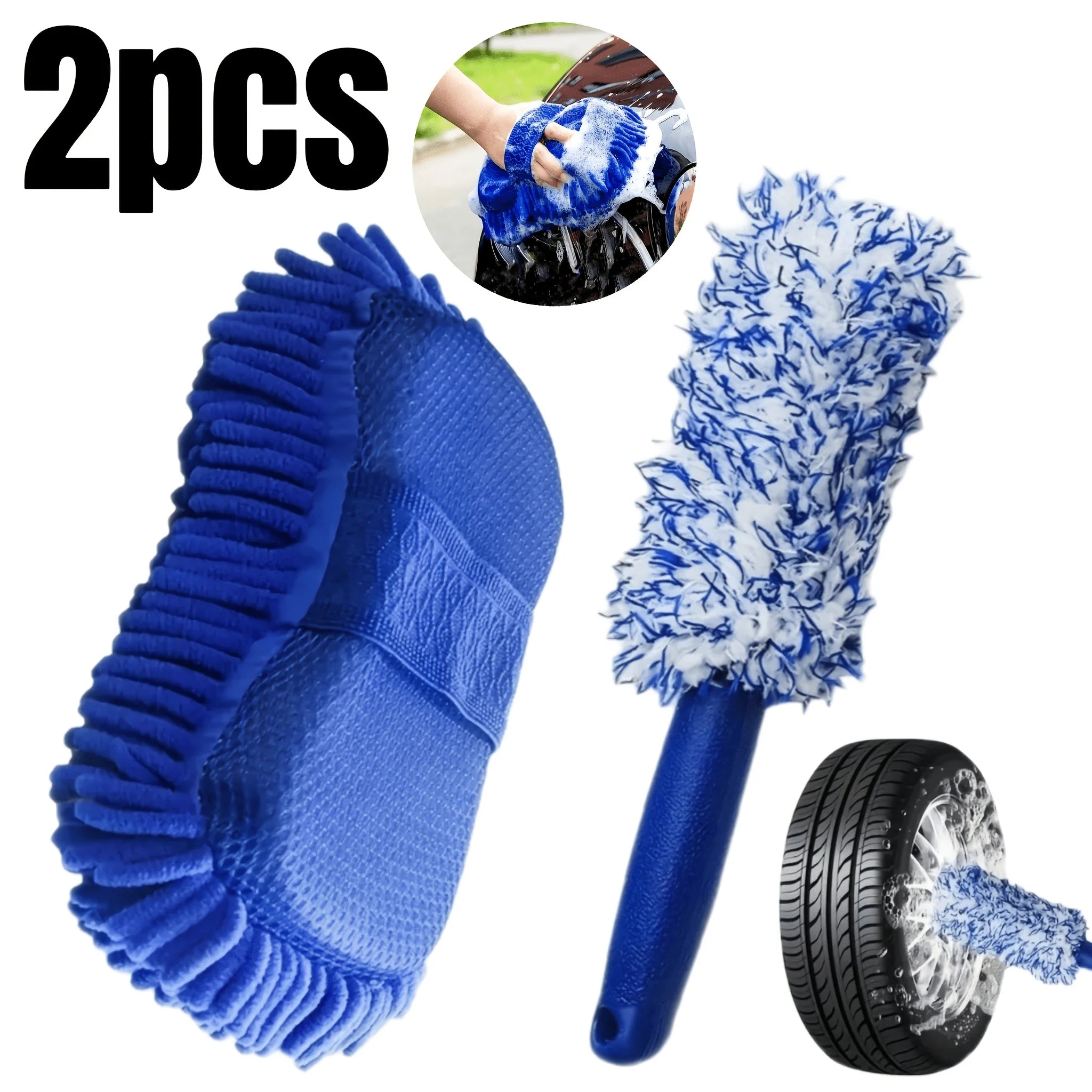 2 PCS Car Care Tool Set Ultra Soft Microfiber Wash Glove Scratch Proof Wheel Brush Deep Clean Polish Rims