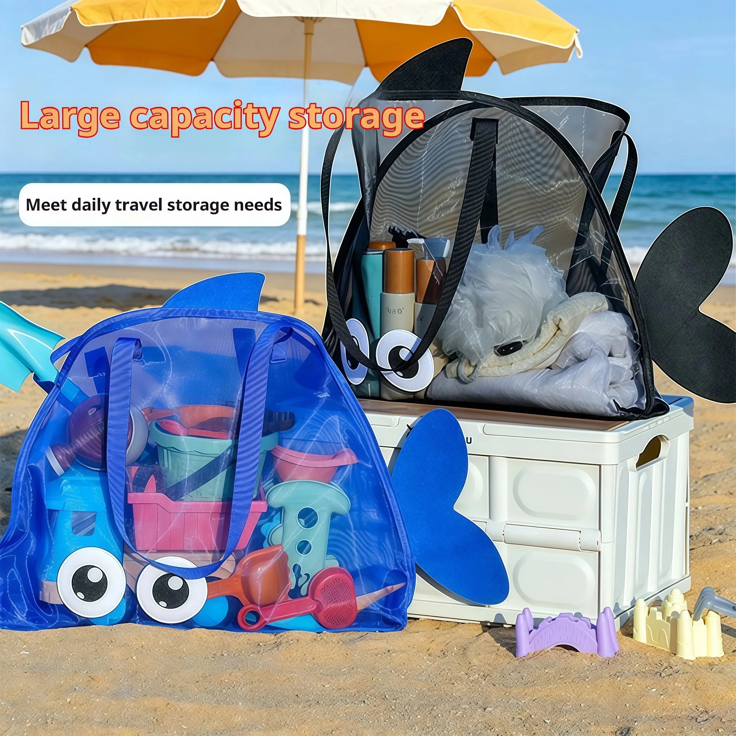 Kids Fish Shape Mesh Beach Bag Lightweight Toy Storage Bag Portable Handbag for Children Summer Seaside Pool Outdoor Organizer
