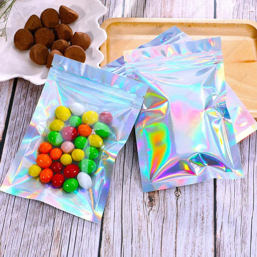 400-1PCS Color Laser Sealing Bags Plastic Holographic Candy Food Pouch Resealable Necklace Jewelry Gift Packaging Storage Bag