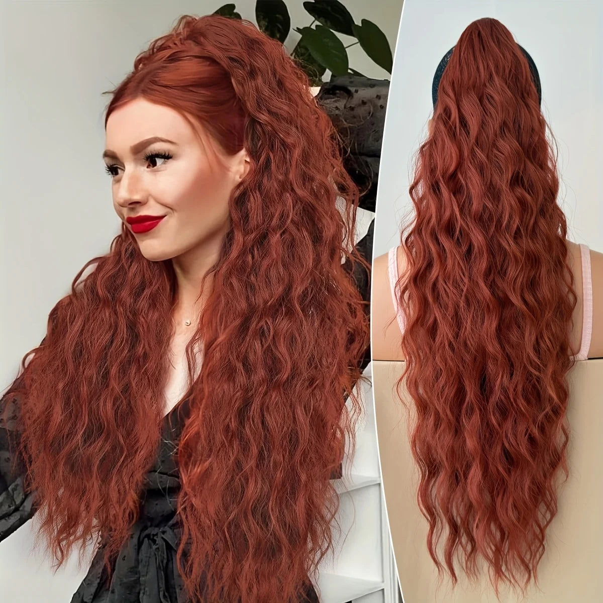 AOOSOO Synthetic Water Ponytail Hair Extension Clip On Woman's Ponytail Hair Accessories Long Curly Wig Natural Curly Black