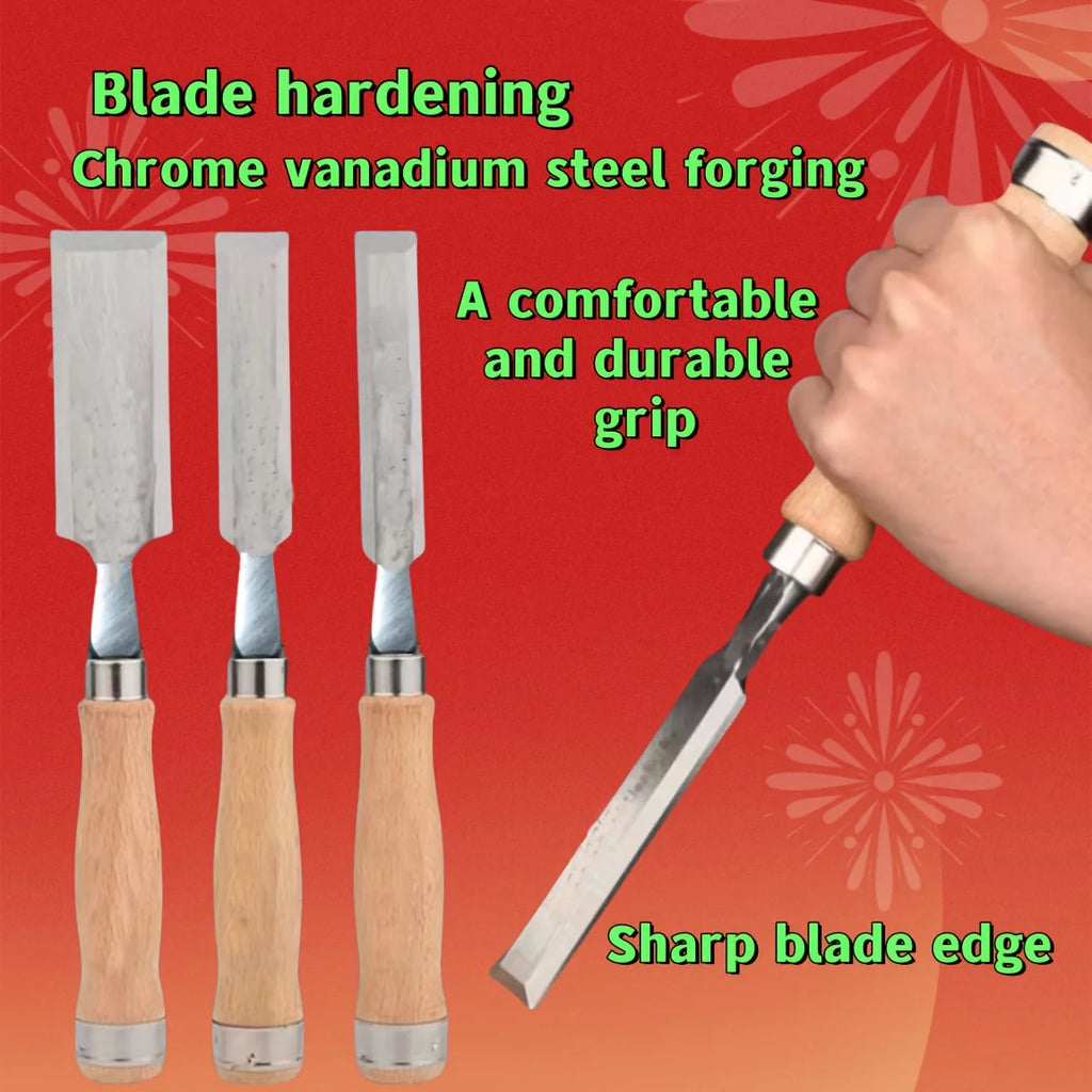 4pcs Professional Woodworking Chisel Set - 6-24mm Beveled Blades, Chrome Vanadium Steel, Solid Wood Handle