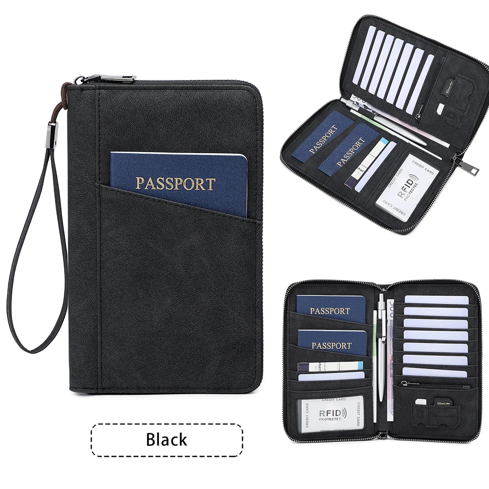 Multi-Functional RFID Blocking Passport Bag Travel Document Holder with Long Zipper Ticket Storage Wallet for Multiple Passports
