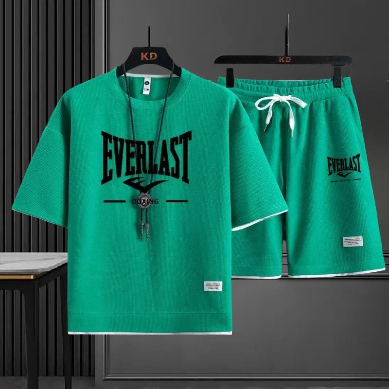 EVERLAST New Summer Men's Daily Casual Breathable Comfortable Loose Sports Set Fashion Brand Men's Waffle Top+Shorts 2-piece Set