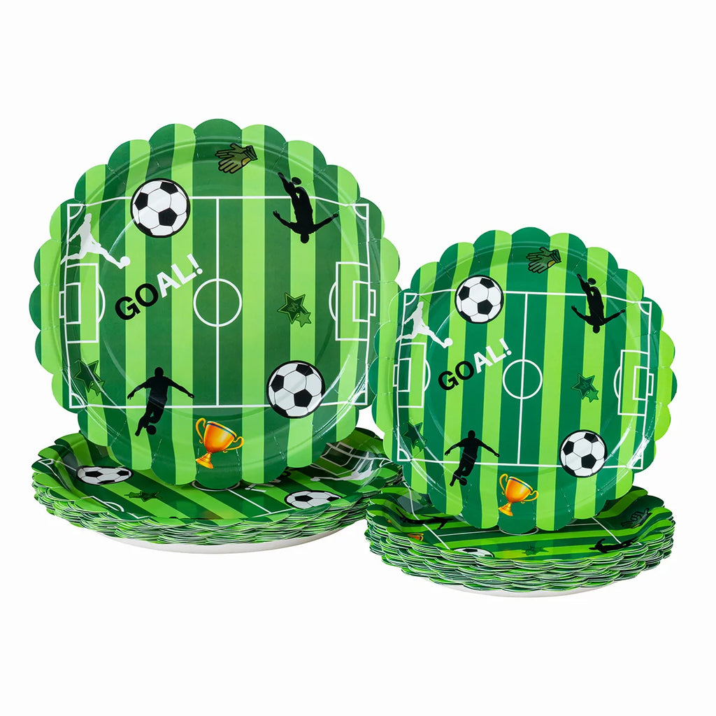 Green Soccer Pitch Scalloped Disposable Paper Plates 7/9 Inch Round Plates for Kids Football World Cup Party Supplies