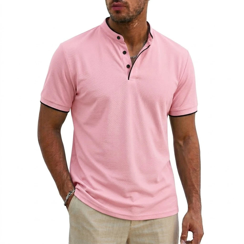 Men Short Sleeve Henley T-Shirt Summer Casual Solid Button-up Shirt V Neck Tee Fitness Breathable Classic Collarless Pullover