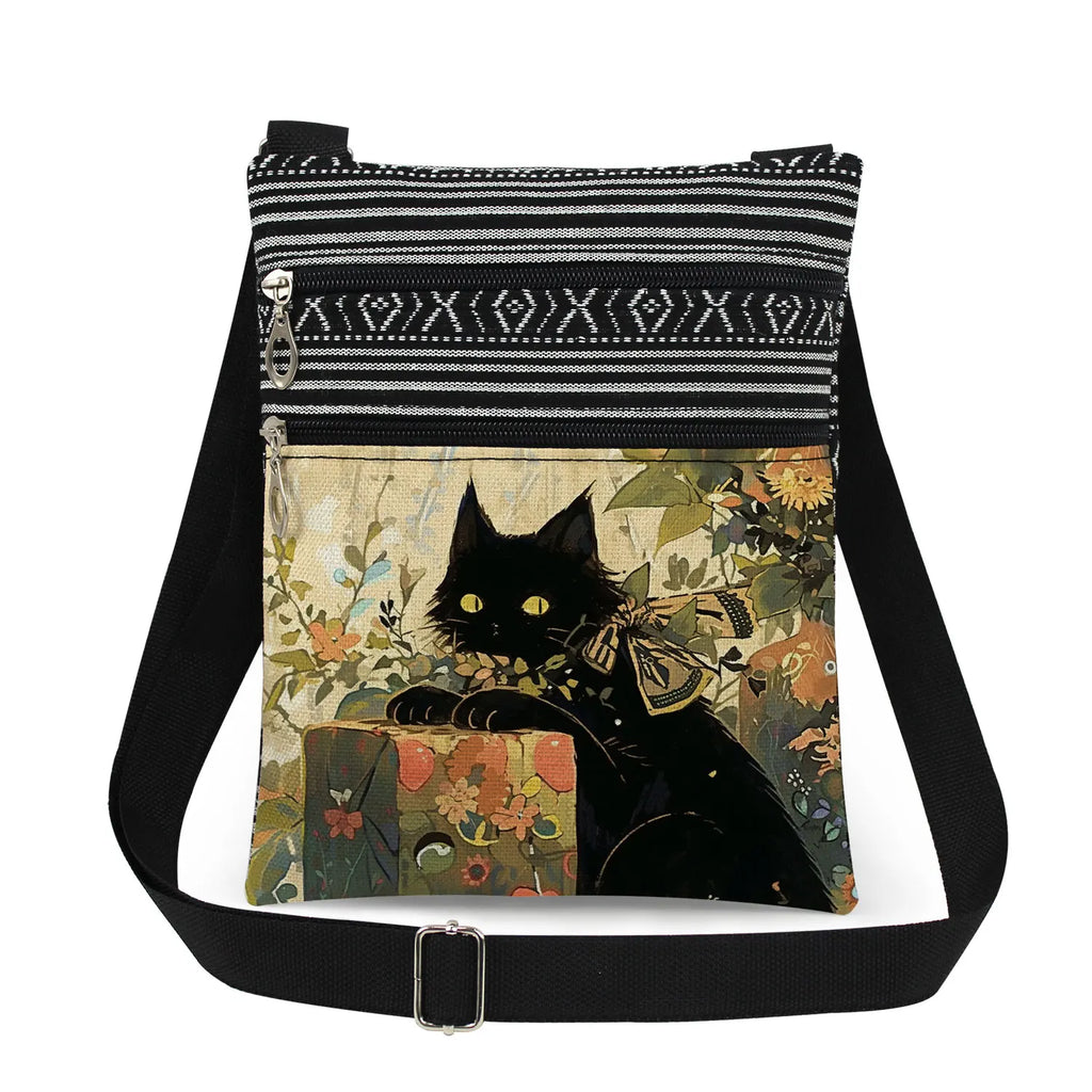 Cute Cartoon Black Cat Print Crossbody Bags Shoulder Bags For Women Daily Travel Portable Small Messenger Bags Catkeeper Gift