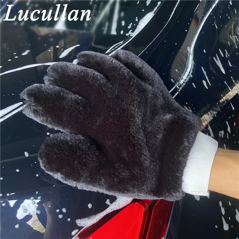 Lucullan Double Side Synthetic Wool Paw Mitt Super Soft Scratch Free 5-Finger Car Detailing Glove