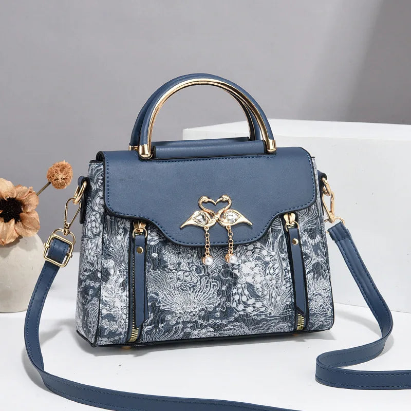 Classic Top Handle Satchel with Swan Rhinestone, Convertible Crossbody Bag with Detachable Strap for Elegant Women's Handbag