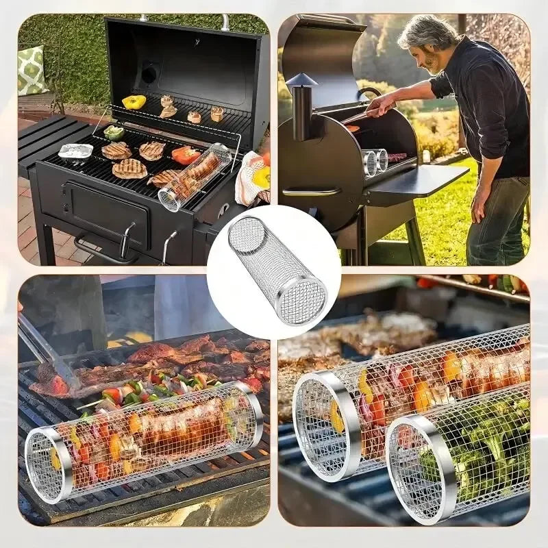 2pcs Rolling Grilling Baskets for Outdoor Grill Bbq Net Tube Stainless Steel Round Mesh Rotation Barbecue Cage Grill Accessories