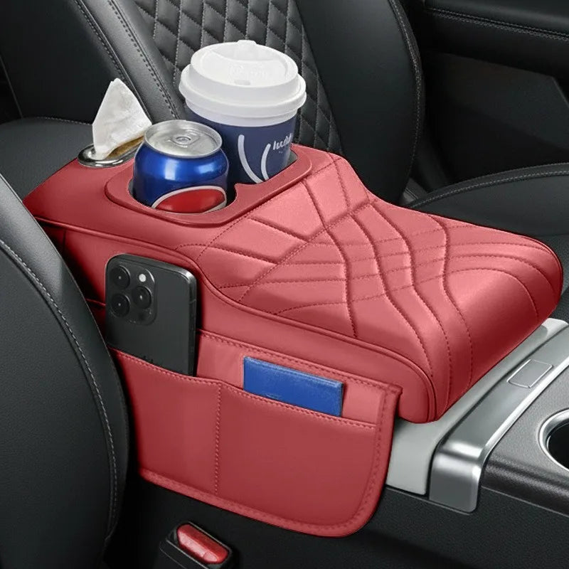 High-Low Style Car Armrest Box Cushion-An Armrest Cover with 2Side Pockets,2Cup Holders and 1 Tissue Box.Suitable for Most Cars