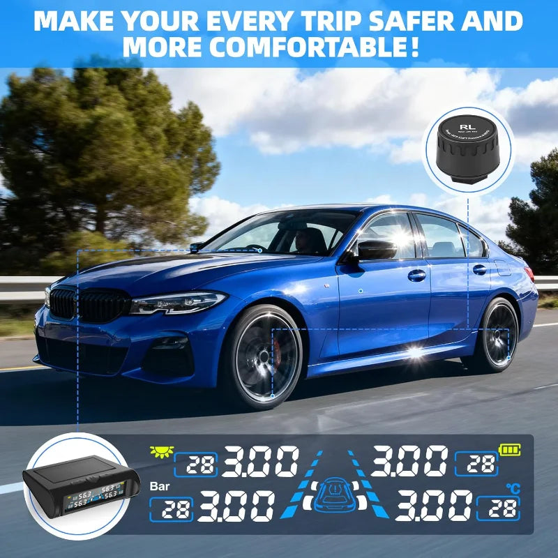 YNF TPMS Tire Pressure Monitor, 4 External Sensors, Real-Time Pressure & Temperature Check, Non-Destructive Easy Installation