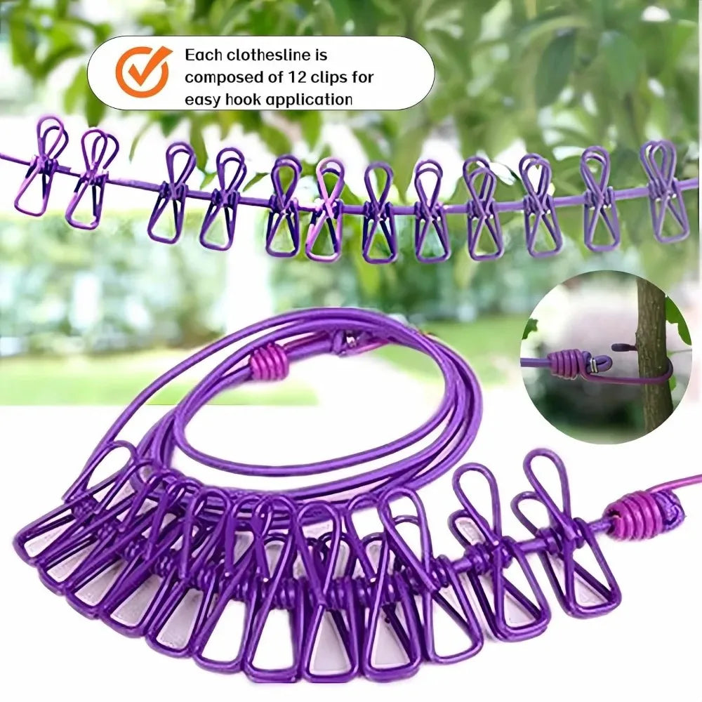 12 Non Slip Clips Windproof Elastic Travel Clothesline with Hook for Outdoor Camping Beach Dormitory RV Portable Drying Tools