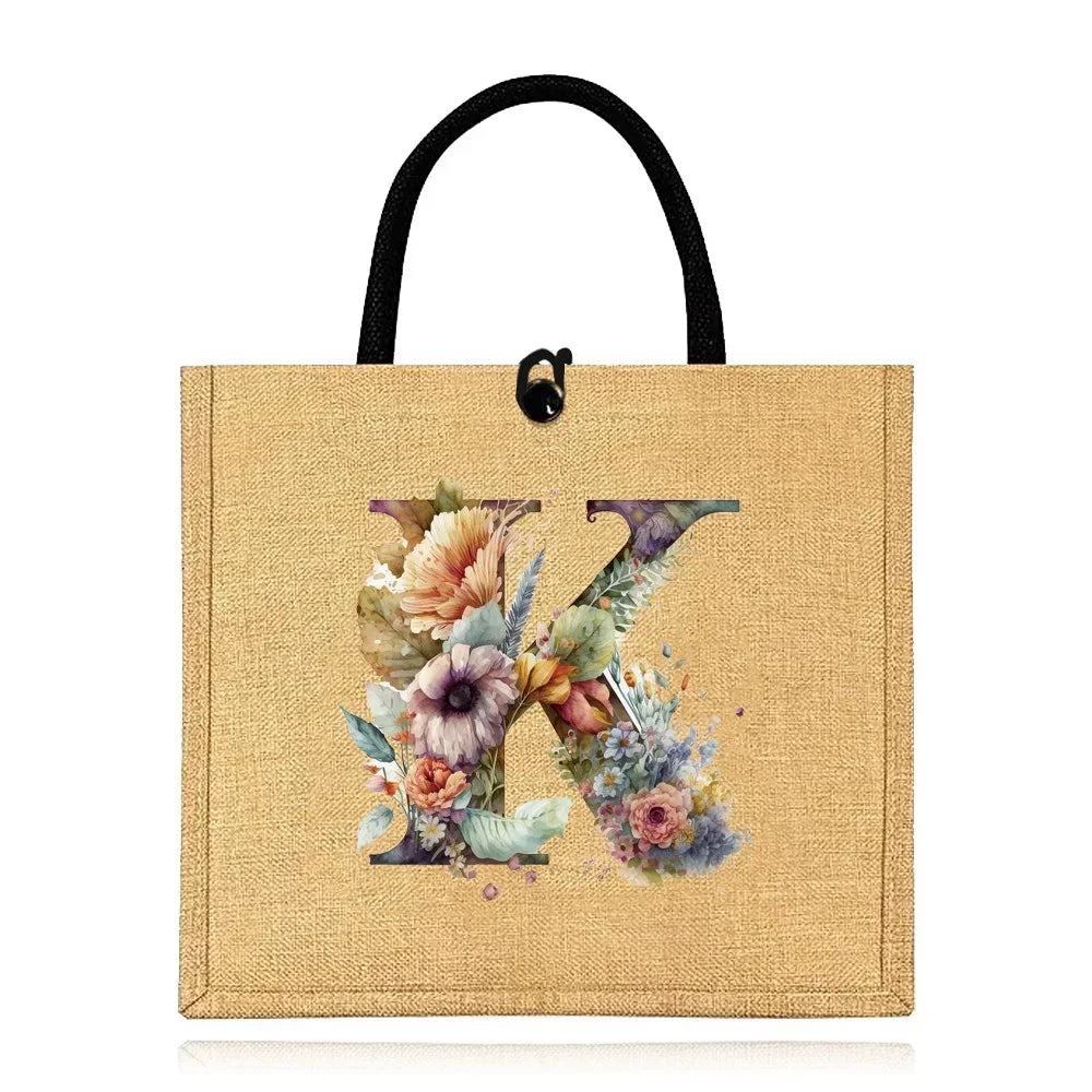 Flax Bag Fastener Handbag Organizer Storage Jute Tote Bags Imitation Cotton Women Valise Portable Floral Letter Printing Series