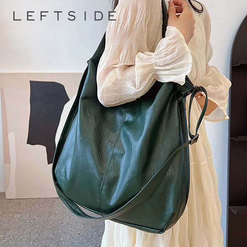 LEFTSIDE Fashion Big Leather Tote Bag for Women 2025 Tend Females Simple Large High Capacity Retro Shoulder Side Bag Handbags