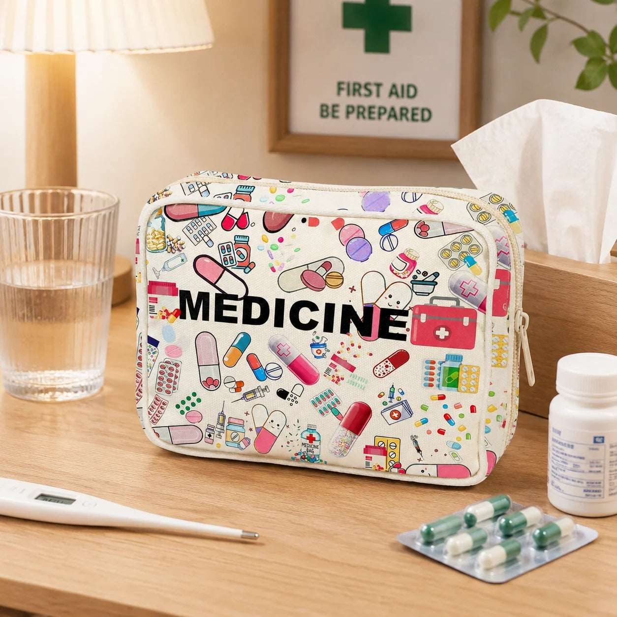 Portable Medicine Bag, Cute Pill Print Large Capacity First Aid Organizer Case for Women, Travel, Home, Camping & Emergency