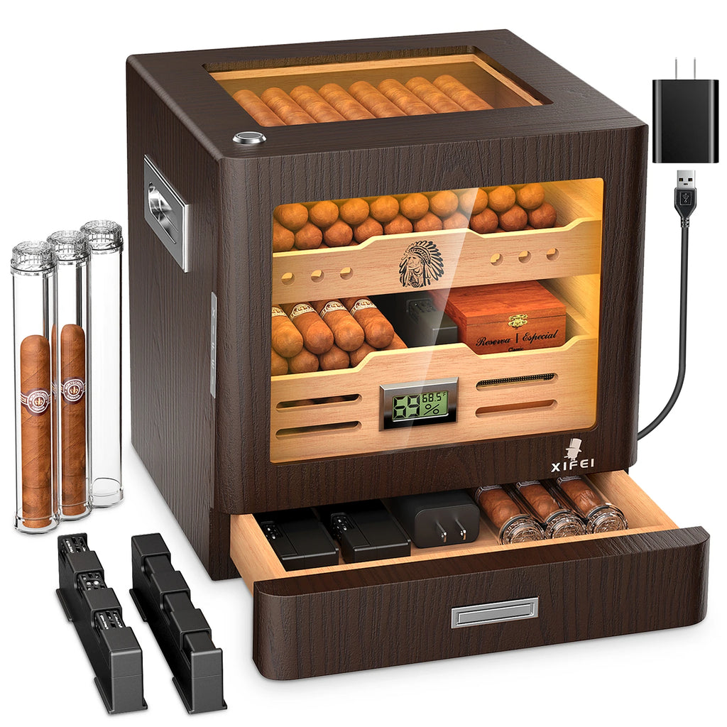 Cigar Humidor Cabinet,LED Lighting,Digital Hygrometer,2 Humidifiers,Cigar Tube,Desktop,Cedar Wood,with Drawer up to 100 Cigars