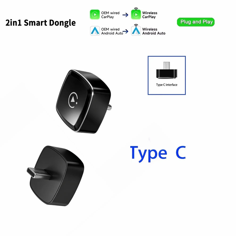 Mini Wireless CarPlay Adapter TYPE C Wireless Android Auto AI Smart Box Intelligent Systems for Wired CarPlay Car
