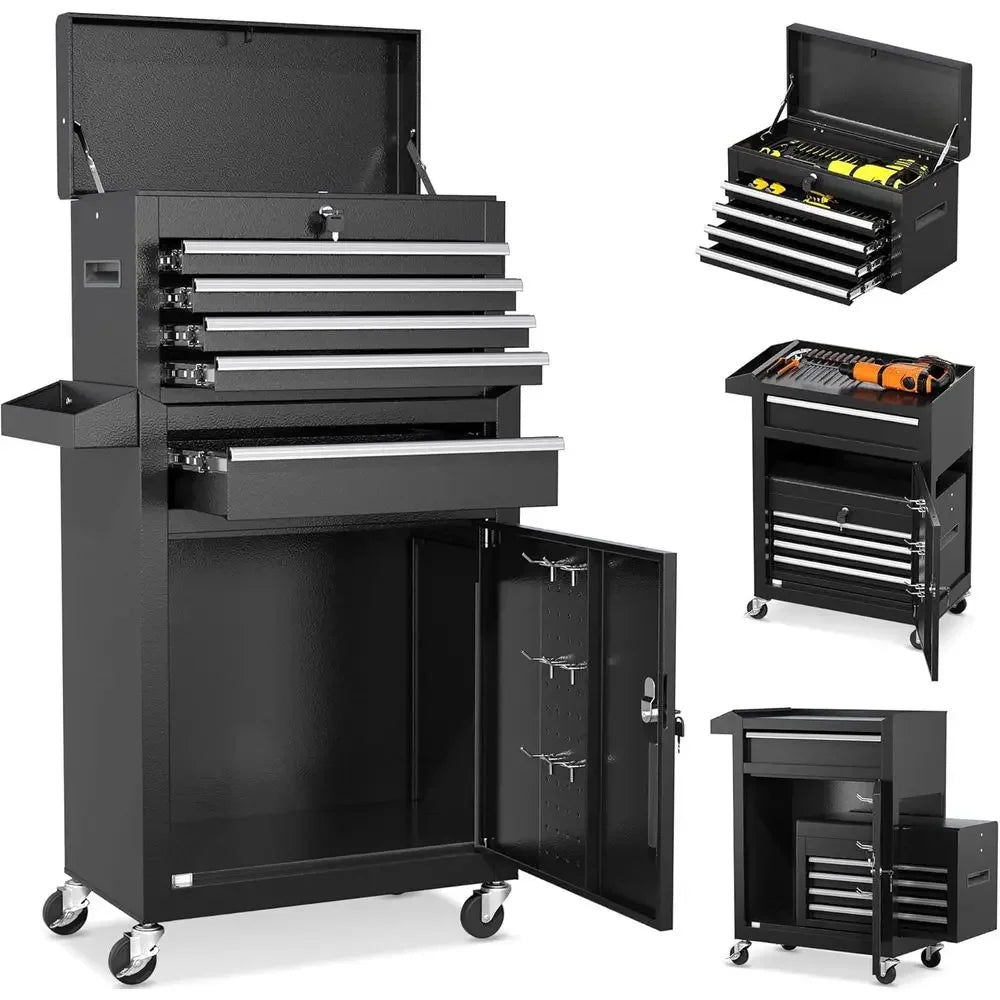 Portable Tool Chest on Wheels with 5 Drawers, Detachable Cabinet for Secure Storage in Workshops and Garages