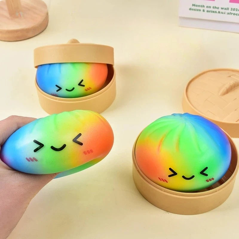 Rainbow Color Dumpling Squishy Toy with Bamboo Slow Rising Stress Relief Fidget Ball Soft Squeeze Toys for Adults & Kids