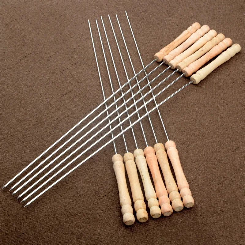 38CM Hot BBQ Skewers Long Handle Shish Kebab Barbecue Grill Sticks Wood BBQ Fork Stainless Steel Outdoor Bold Round Sign Needle