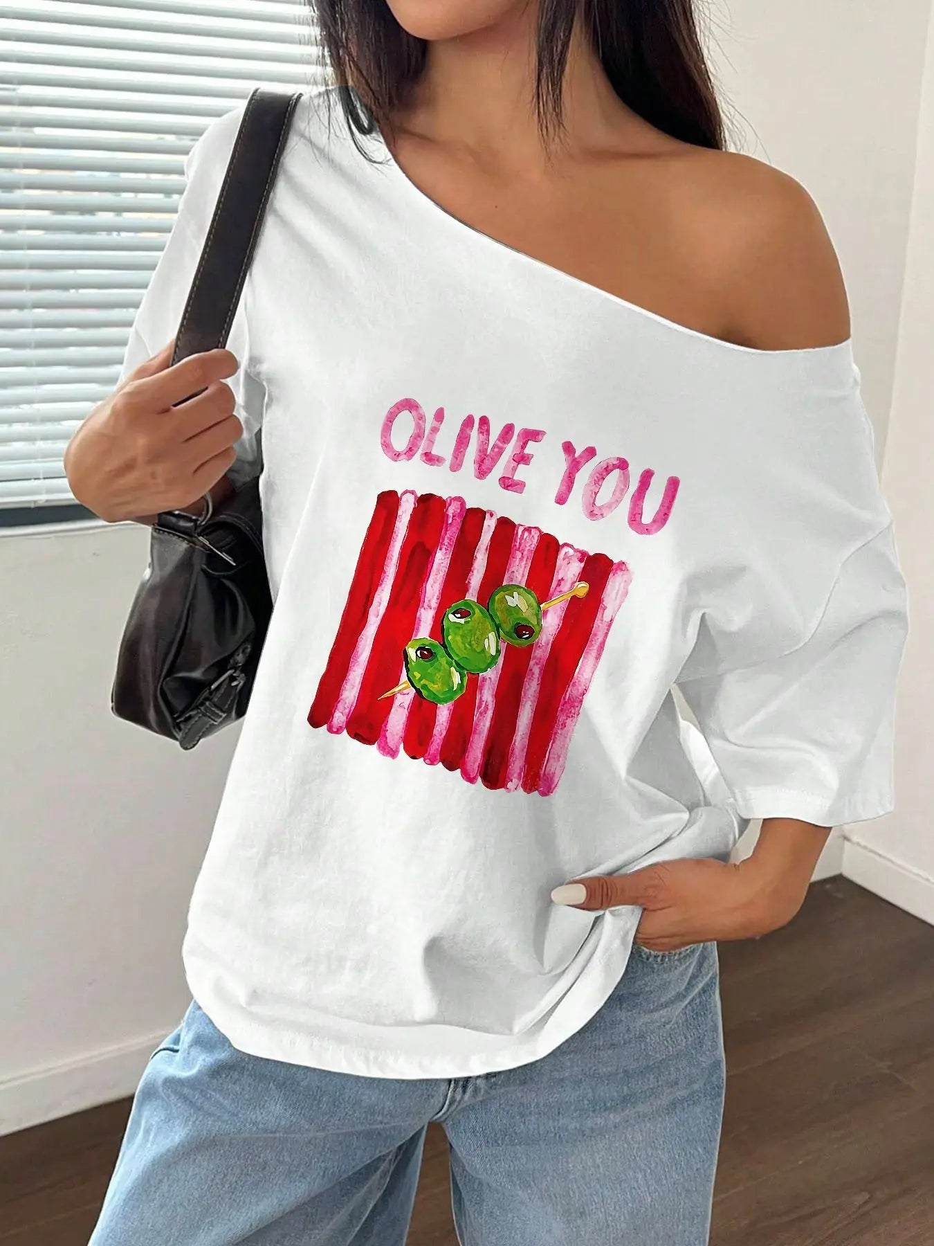 100% Cotton Plus Size Cute Olive Print Casual T-Shirt Shoulder Loose Print T-Shirt Oversized Y2K Style Graphic Tees Women Top
