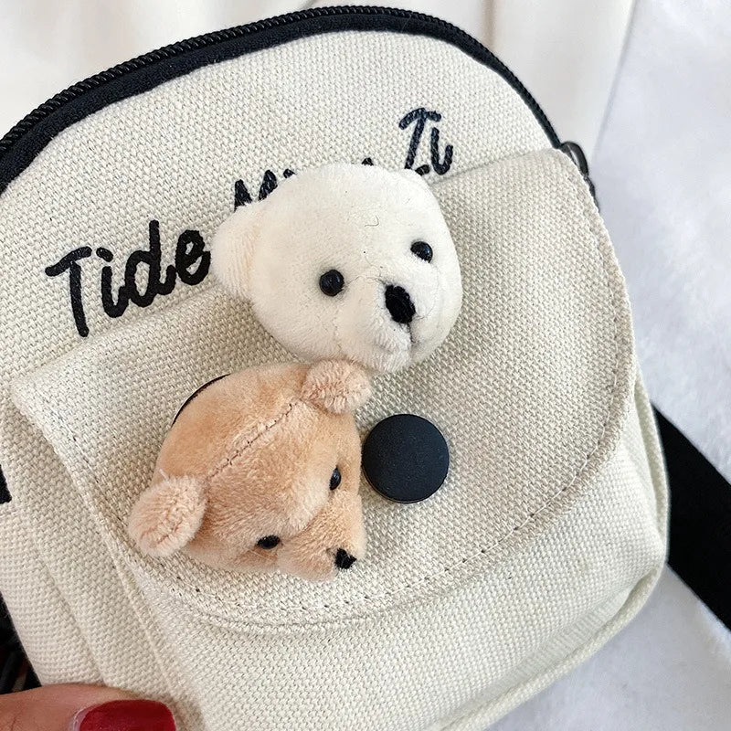 Solid Color Canvas Bag, Girls' Cartoon Teddy Bear Shoulder Bag, Students' Daily Crossbody Bag