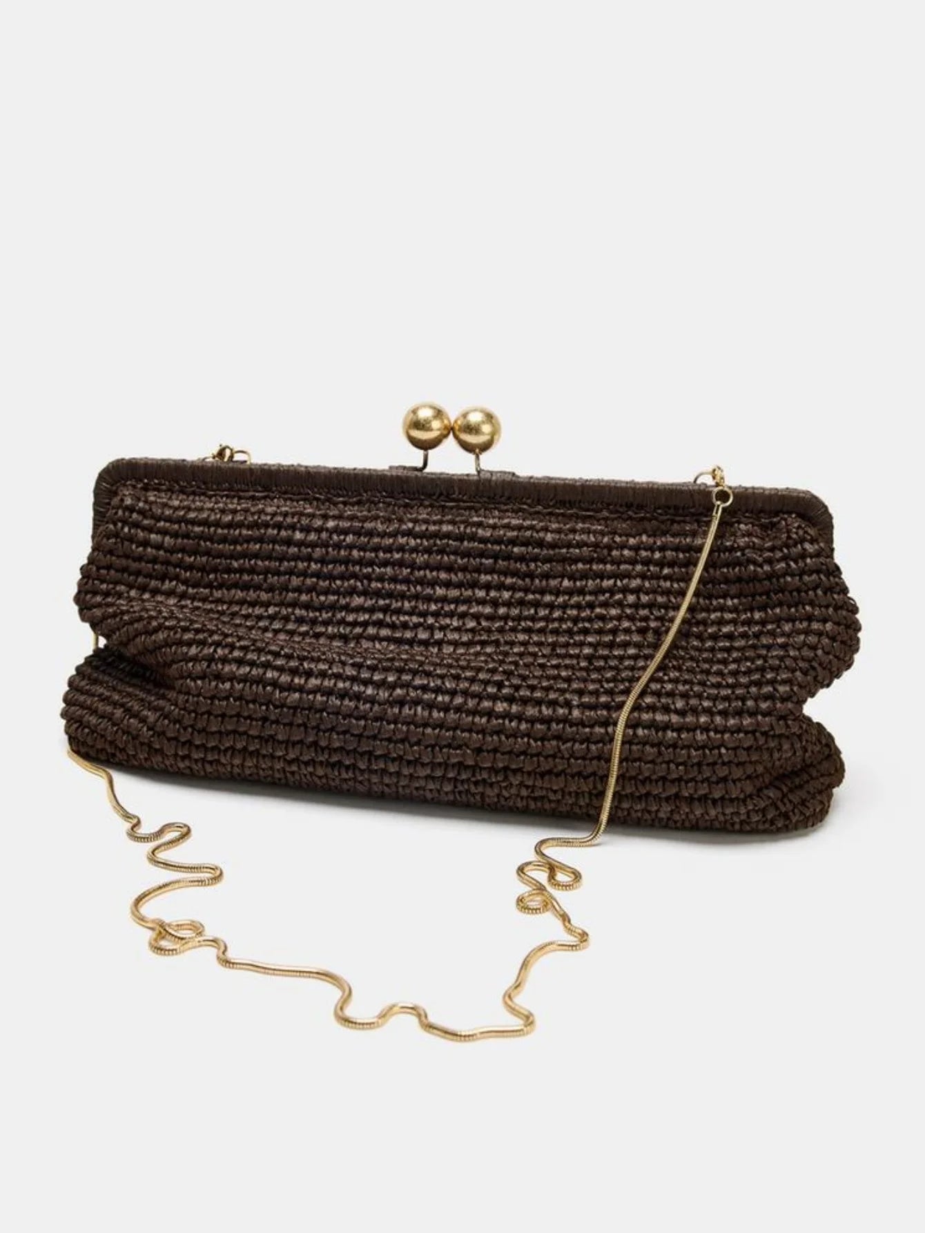 Handmade Woven Clutch Bag For Women Coffee Raffia Handbag with Chain Crossbody Summer Beach Bag