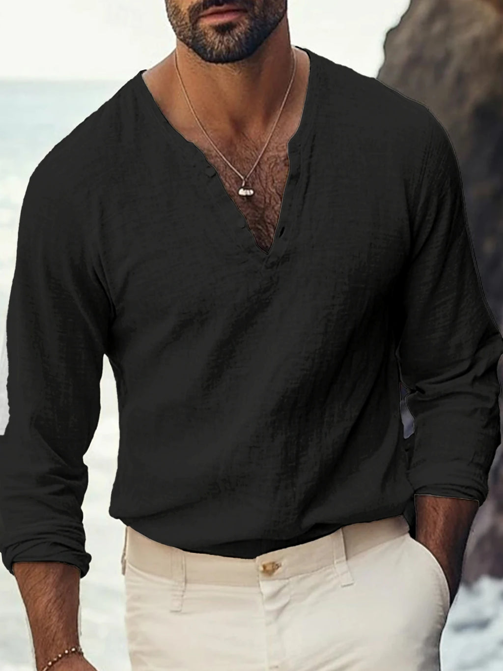 Men Textured Henley V Neck Linen Blend Long Sleeve Casual Shirts