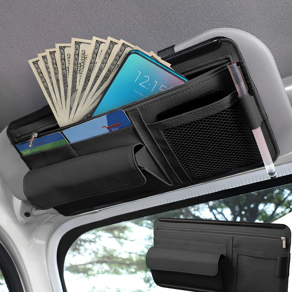 Multi-Pocket Car Sun Visor Organizer, Hanging Holder for Cards, Phones, Glasses and Pens to Store Small Vehicle Belongings