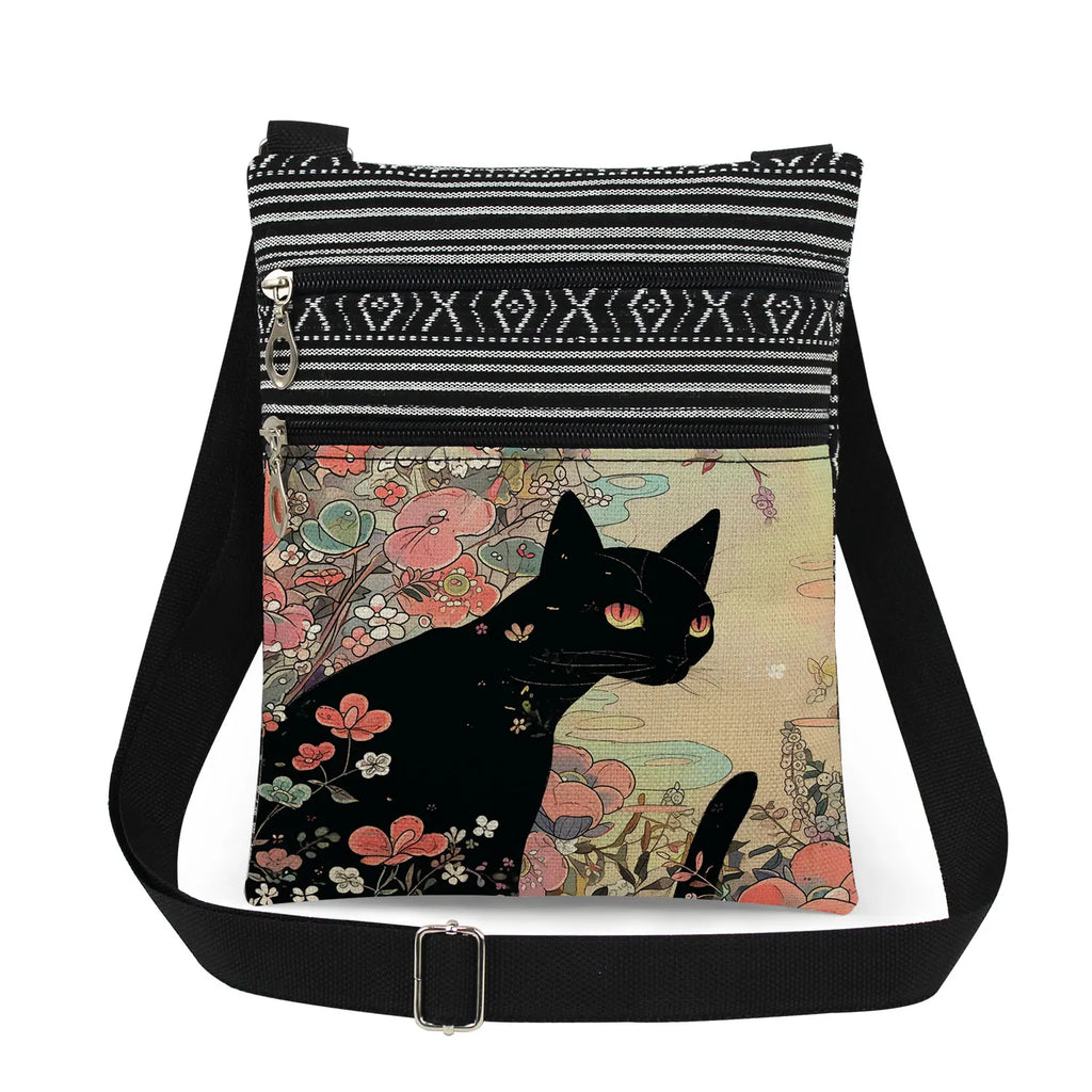 Cute Cartoon Black Cat Print Crossbody Bags Shoulder Bags For Women Daily Travel Portable Small Messenger Bags Catkeeper Gift