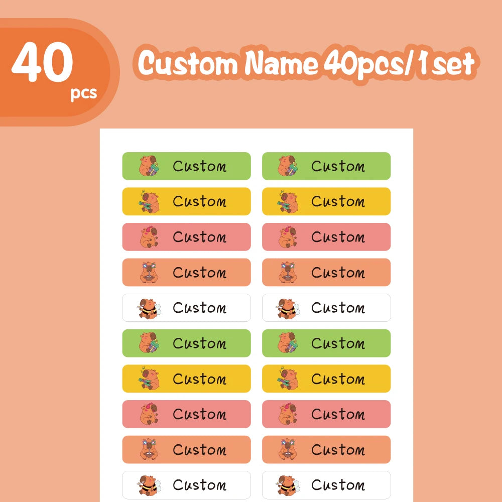 Kawaii Capybara Waterproof Name Tags Stickers Custom Adhesive Stationery Decals Personalize First Name Label For Children School