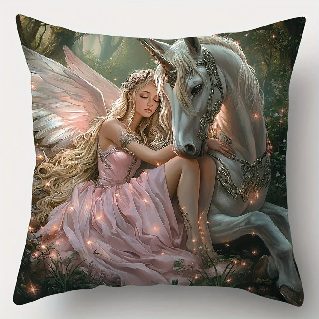 4PCS Girls & Princess Pillow Cases: Dreamy Art Style, Romantic. Polyester, Machine Washable, Zipper.For Living Room, Sofa Decor
