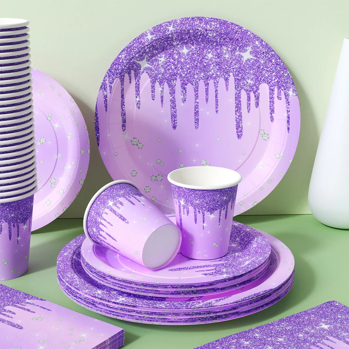 Colorful Tableware Set Rose Gold Purple Gold Birthday Wedding Disposable Paper Plate Cup Tissue Party Supplies