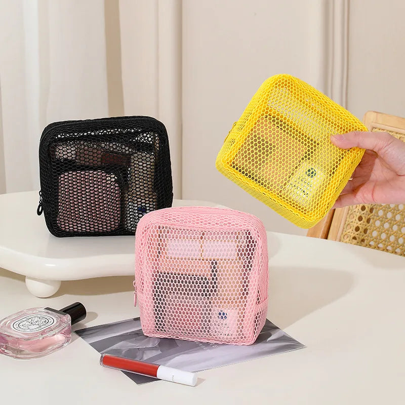 Square Mesh Cosmetic Bag Portable Lipstick Cosmetic Storage Bag with Zipper Multi-purpose Sundries Storage Bag Cute Student Case