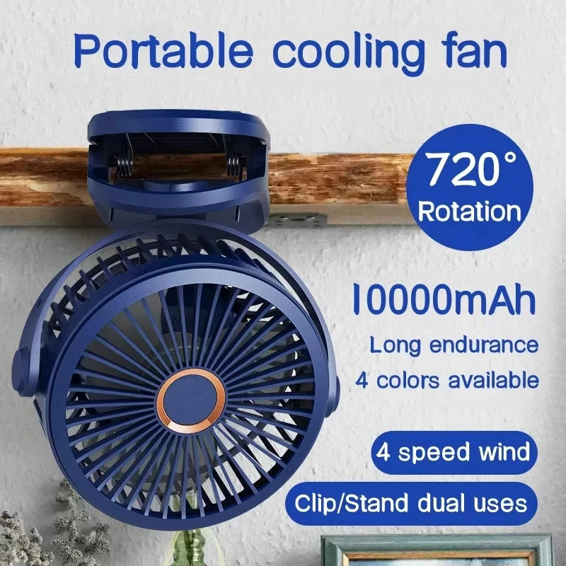 Portable USB Table Clip Fan Type-C 10000mAh Rechargeable Mini Desk Stand Fan 360 Degree Rotation 4 Speeds Air Cooling Ventilador