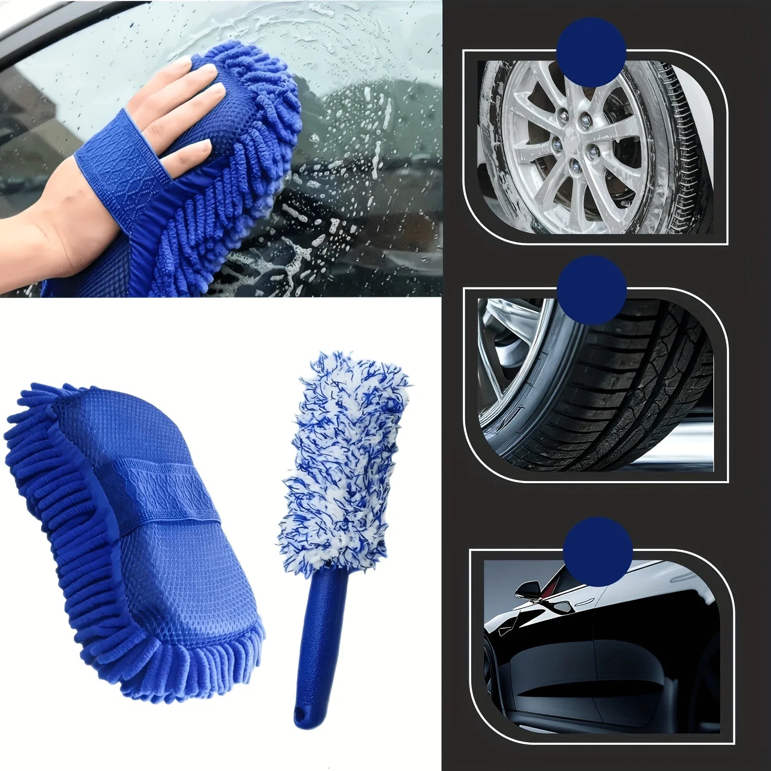 2 PCS Car Care Tool Set Ultra Soft Microfiber Wash Glove Scratch Proof Wheel Brush Deep Clean Polish Rims