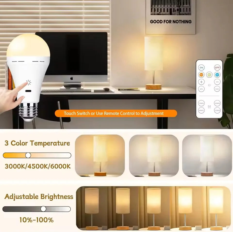 USB-C E27 Rechargeable LED Bulb Wireless Remote Control Battery Operated Dimmable Light with Timer