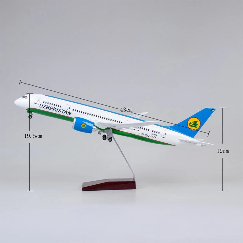 43cm Uzbekistan Airways B787 Aircraft Diecast 1/130 Scale Plane Child Toy With Lights & Wheels Miniature Airplane Aviation Gifts