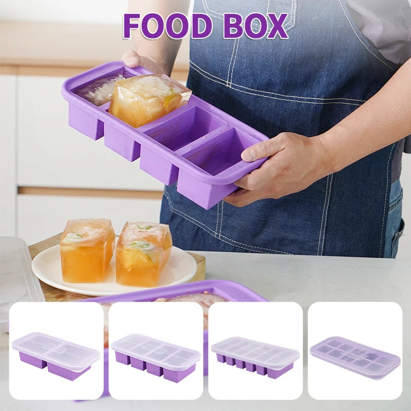 Silicone Freezing Mold Food Container with Lid Ice Cube Mold Storage Box Divided ice box for Soups Drinks Herbs juices