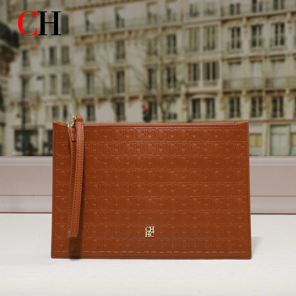 CH Clutch Bag Women Embossed Monogram PU Leather Wristlet Handbag Zipper Envelope Purse Large Capacity Evening Daily Wallet