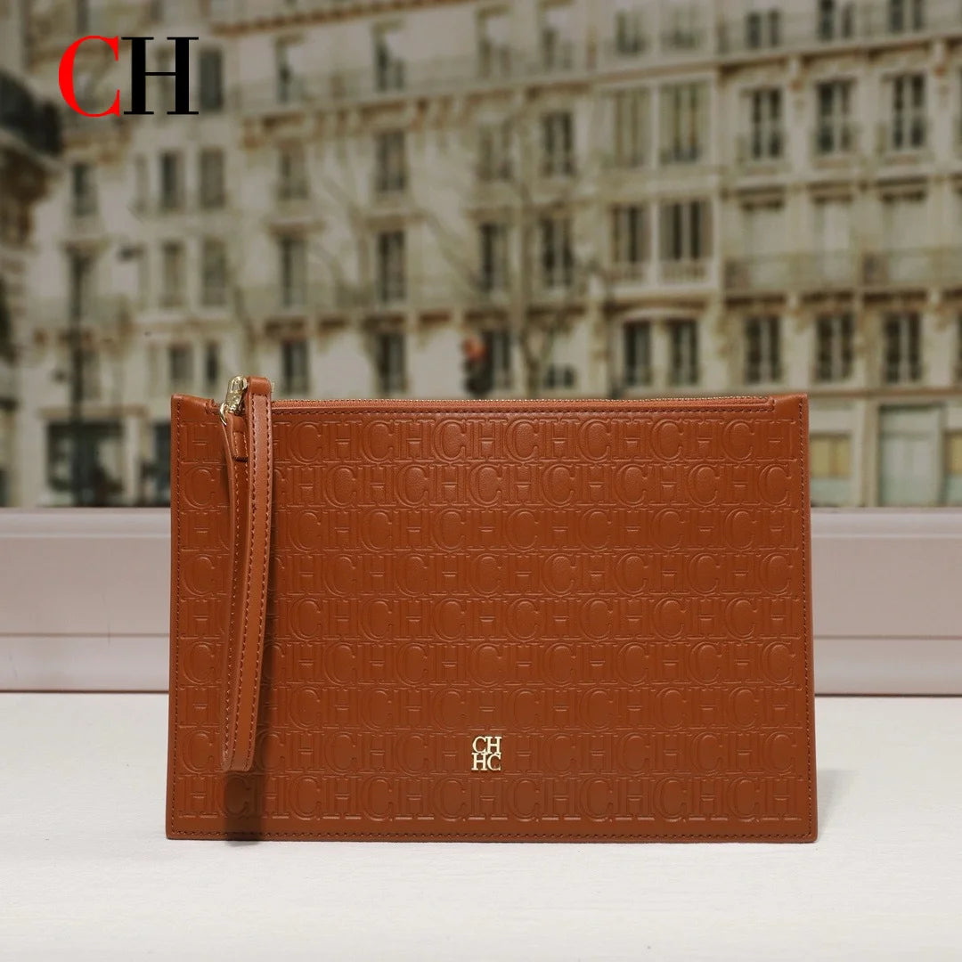 CH Clutch Bag Women Embossed Monogram PU Leather Wristlet Handbag Zipper Envelope Purse Large Capacity Evening Daily Wallet
